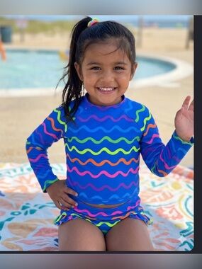 Okie Dokie Blue Wave Pattern Kids Swim Rashguard Set